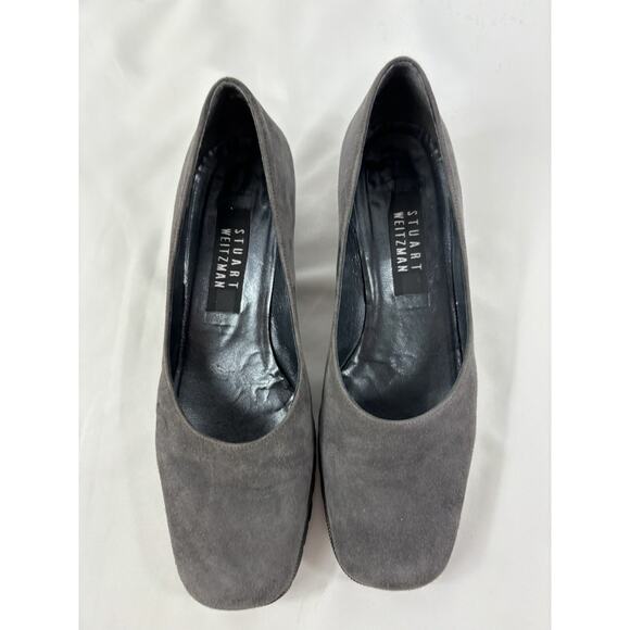Stuart Weitzman Low Heel Pumps Dark Grey Suede Size 8 Square Toe Low Block Heel - Picture 3 of 14